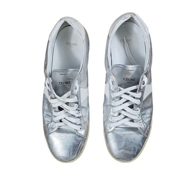 Celine Triomphe Silver & White Metallic Leather Low-Top Sneakers Mens Size 46 EU